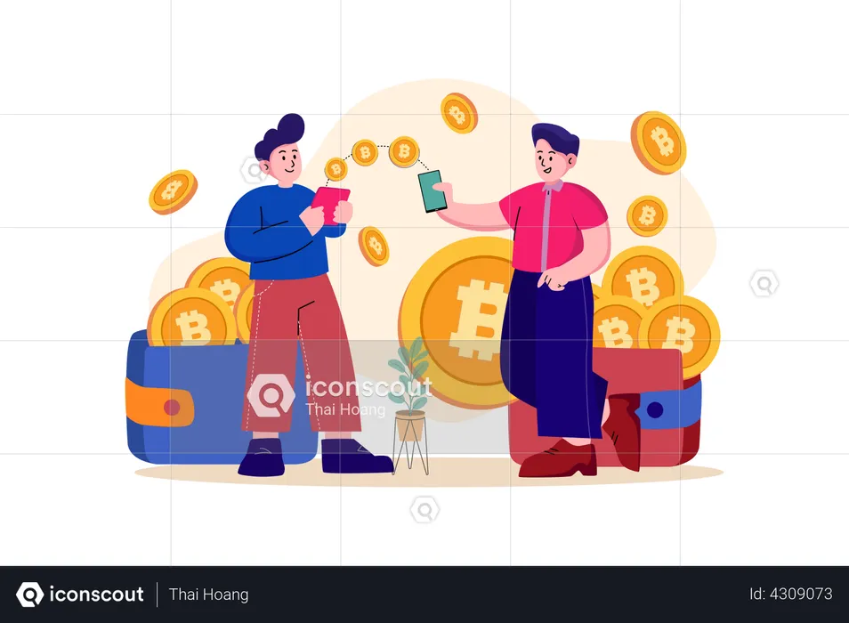 Man sending bitcoin to another person  Illustration