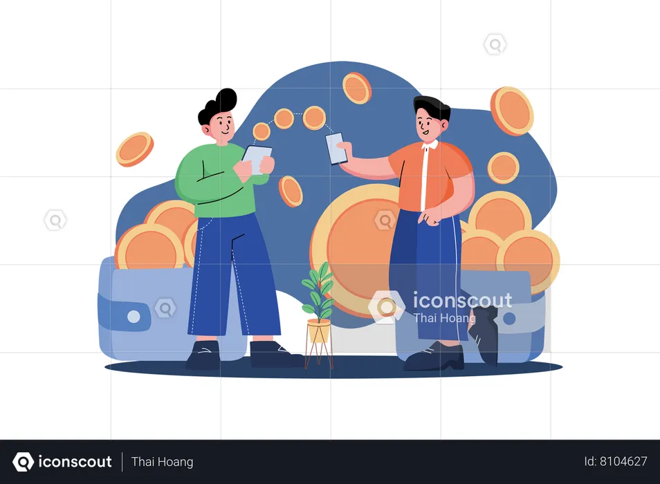 Man sending bitcoin to another person  Illustration