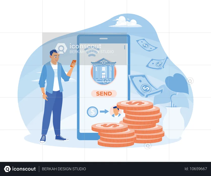 Man Sending Money Online Using Smartphone  Illustration