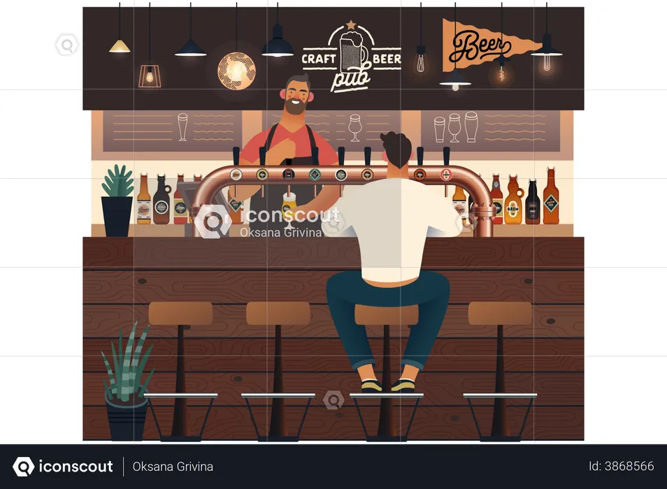 Man servicing beer to customer in pub  Illustration