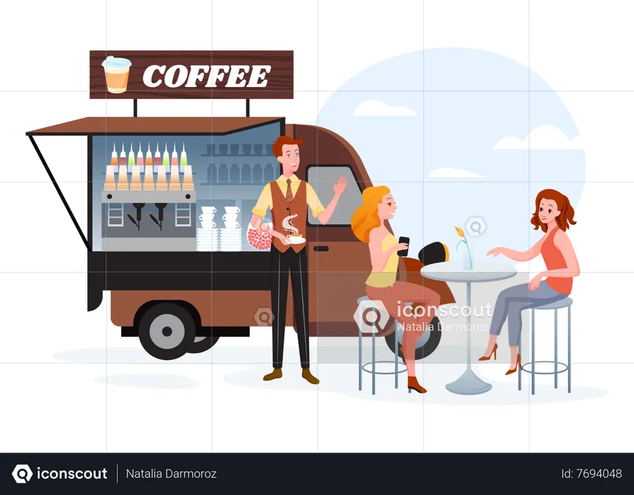 Man serving coffee from truck  Illustration