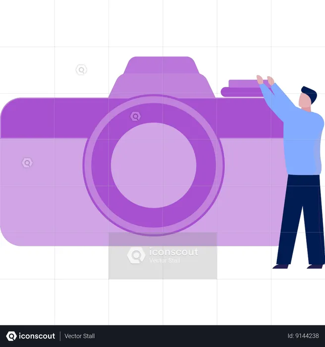 Man setting  camera timer  Illustration