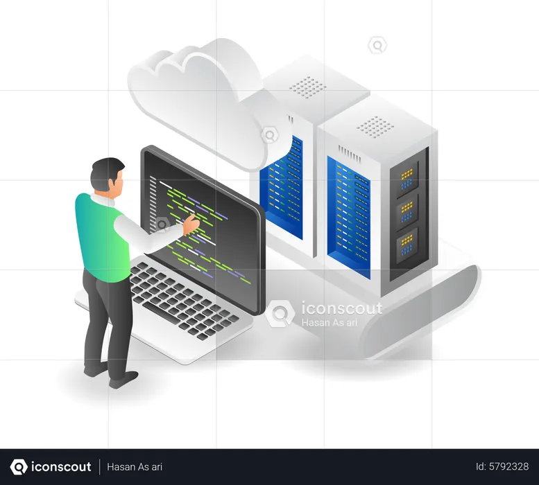 Man setting cloud server program  Illustration