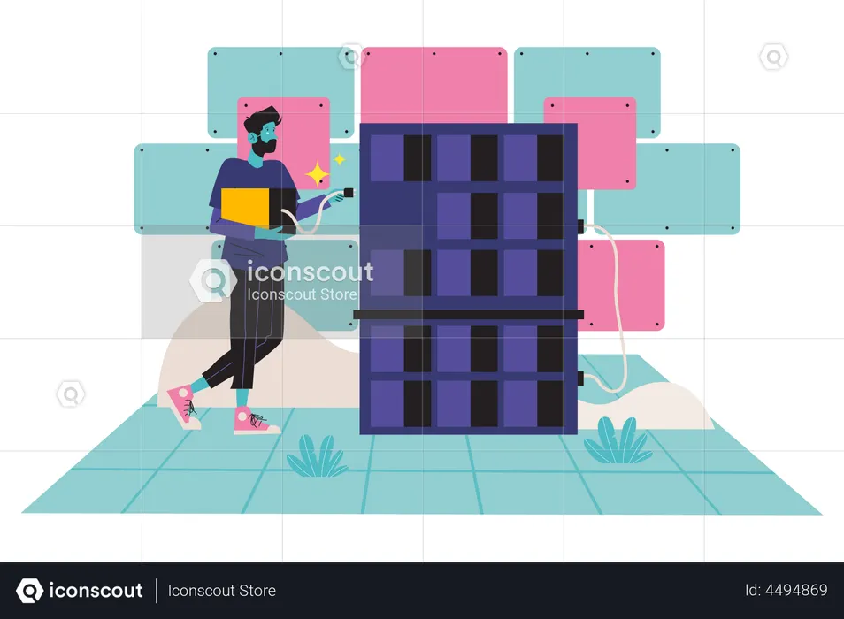 Man setting up blockchain mining rig  Illustration