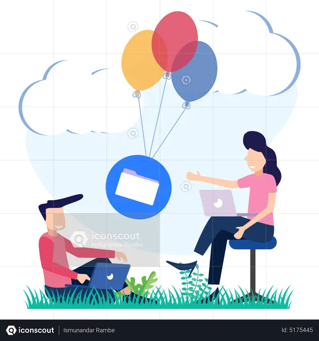 Man sharing file using cloud to woman  Illustration