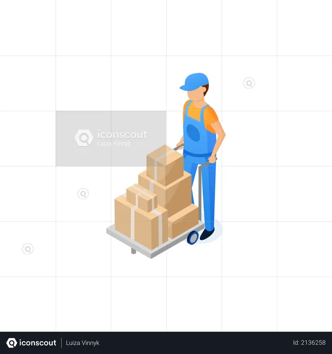 Man shifting parcel boxes through trolley  Illustration