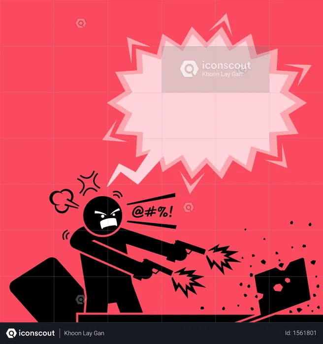 Man shooting at a computer with two guns because he is very angry at the laptop  Illustration