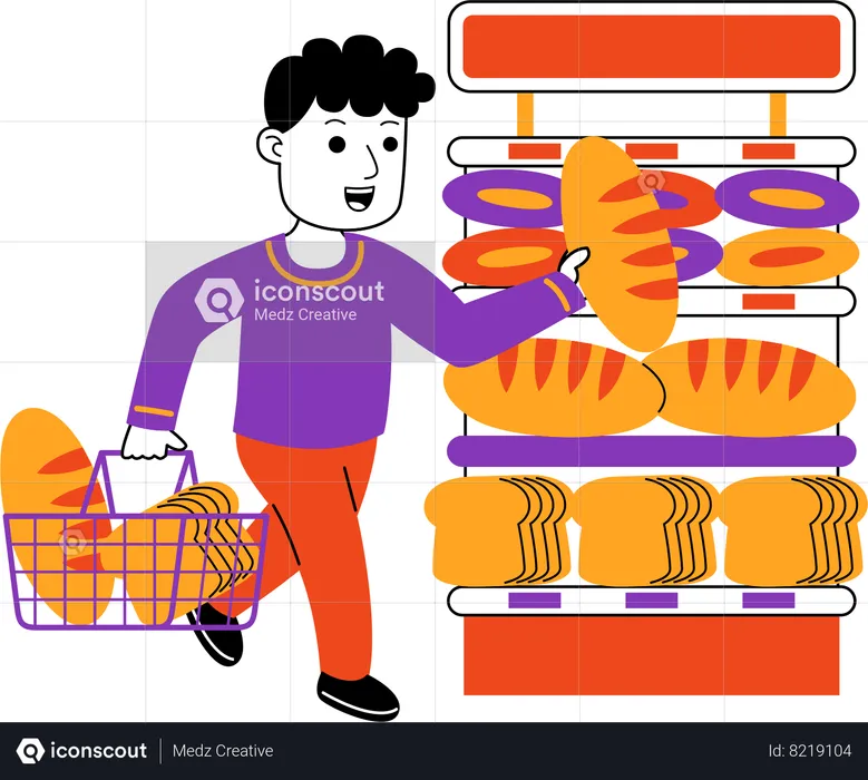 Man Shopper buy bread at supermarket  Illustration