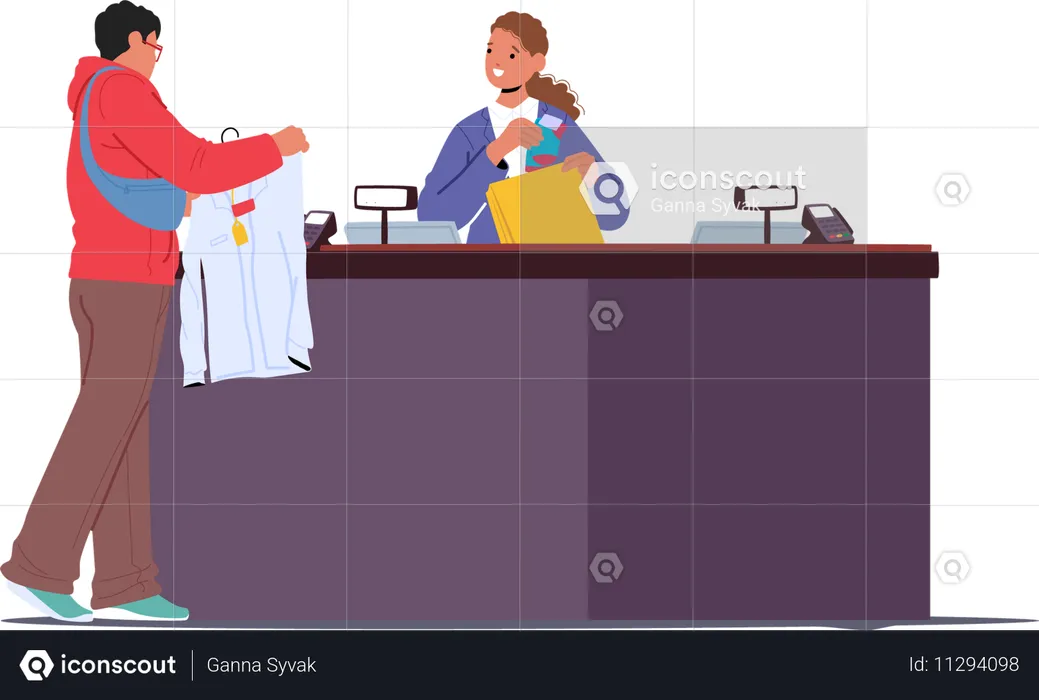 Man shopper buying new fashionable shirt and socks standing at cashier counter desk  Illustration