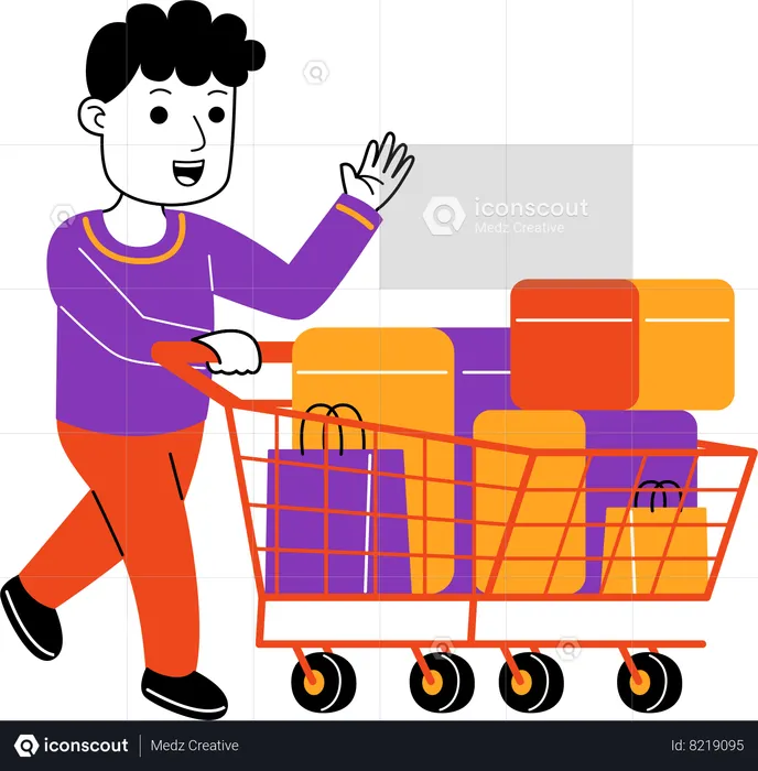 Man Shopper carrying groceries on trolley  Illustration