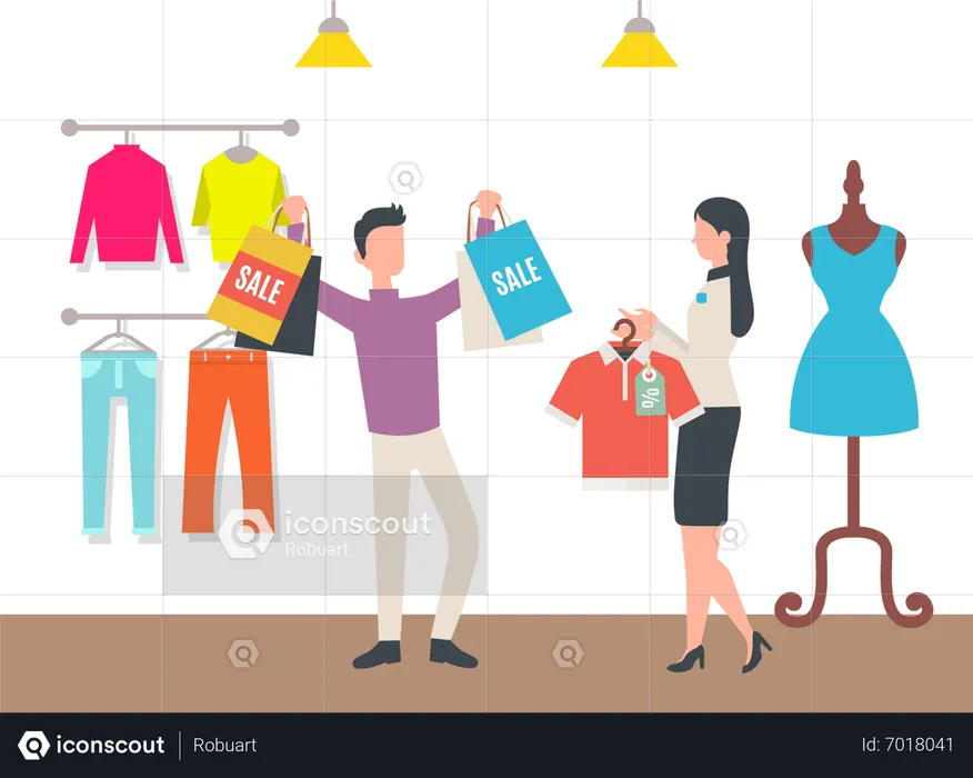 Man shopping during sale at store  Illustration