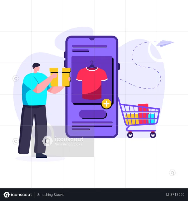 Man shopping online and adding product to cart  Illustration