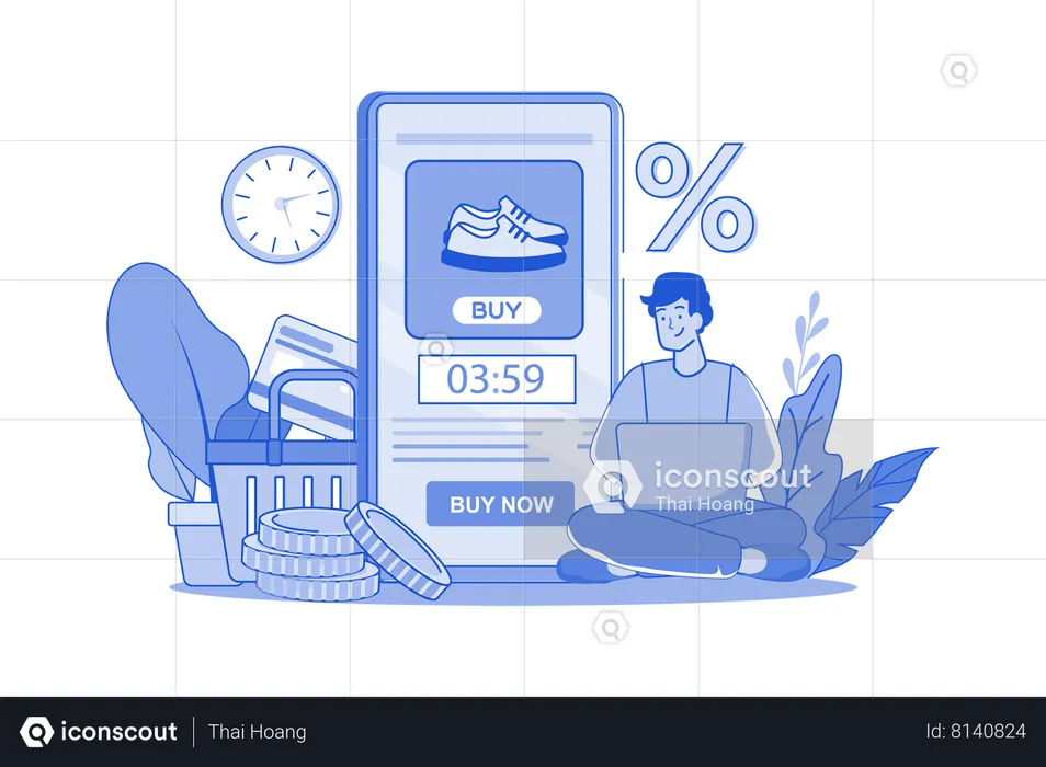 Man shopping shoes online with limited time offer with stopwatch  Illustration