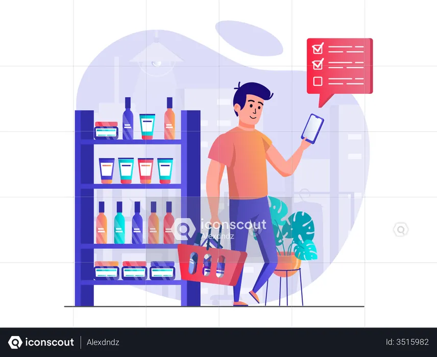 Man shopping skin care product according shopping list  Illustration