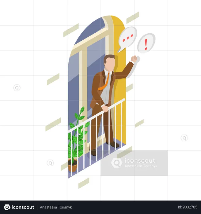 Man shouting at neighbour from balcony  Illustration