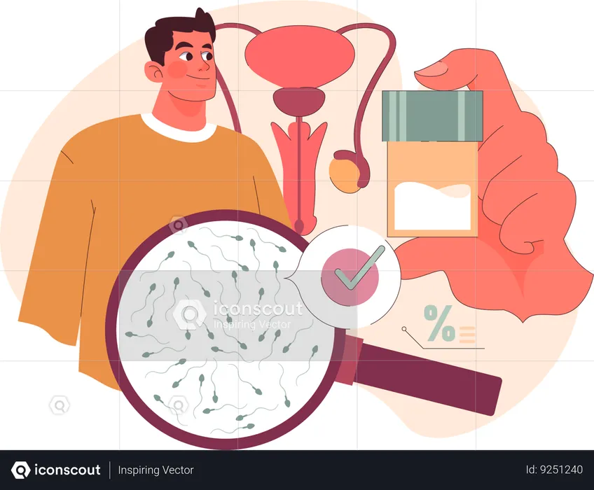 Man showcasing healthy sperm cells and  test result.  Illustration