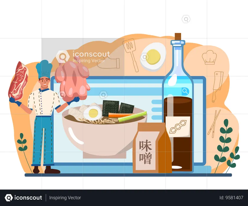 Man showing beef and chicken for making online Japanese food  Illustration