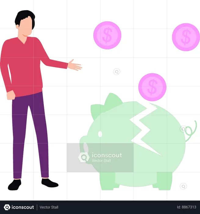 Man showing broken piggy bank  Illustration