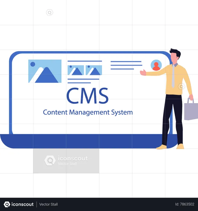 Man showing CMS system on laptop  Illustration