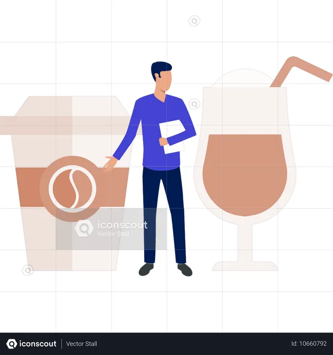 Man showing coffee cup and drink glass  Illustration