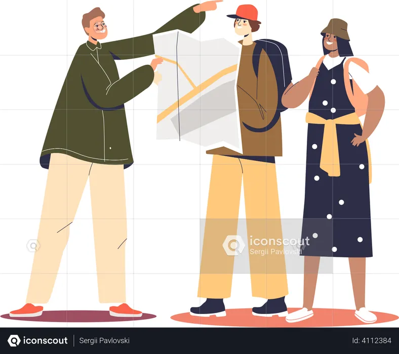 Man showing couple tourist right direction  Illustration