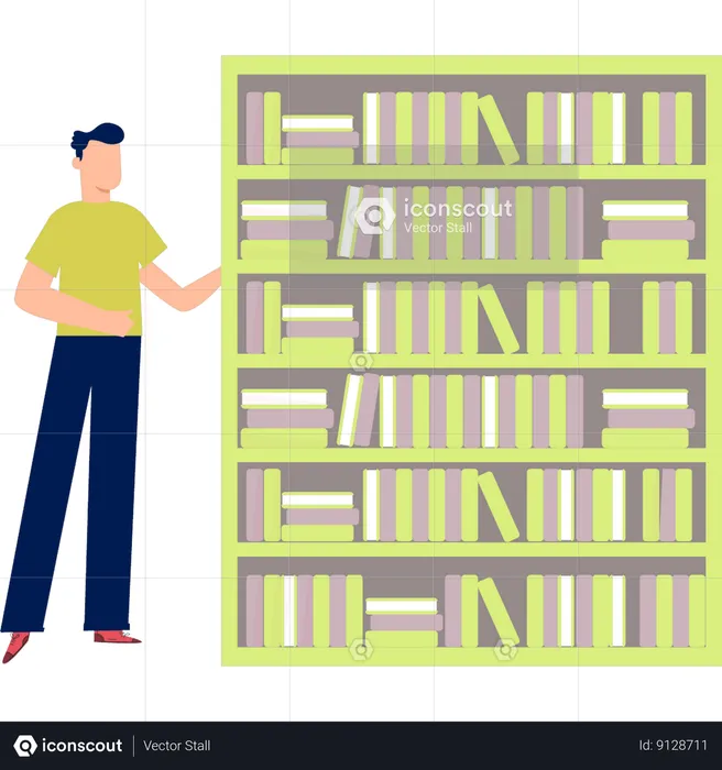 Man showing different books in shelf  Illustration