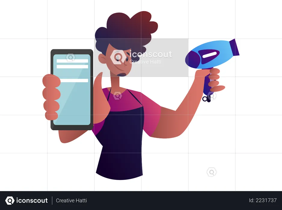 Man showing mobile application with Hair dryer  Illustration