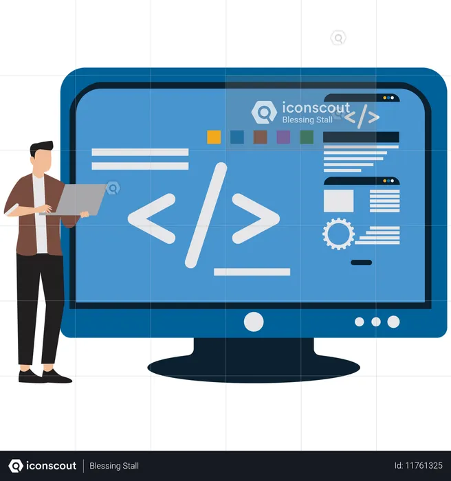 Man showing Programming Code Screen  Illustration