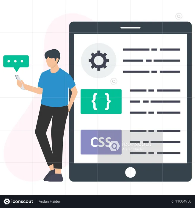 プログラミング言語を披露する男性  イラスト
