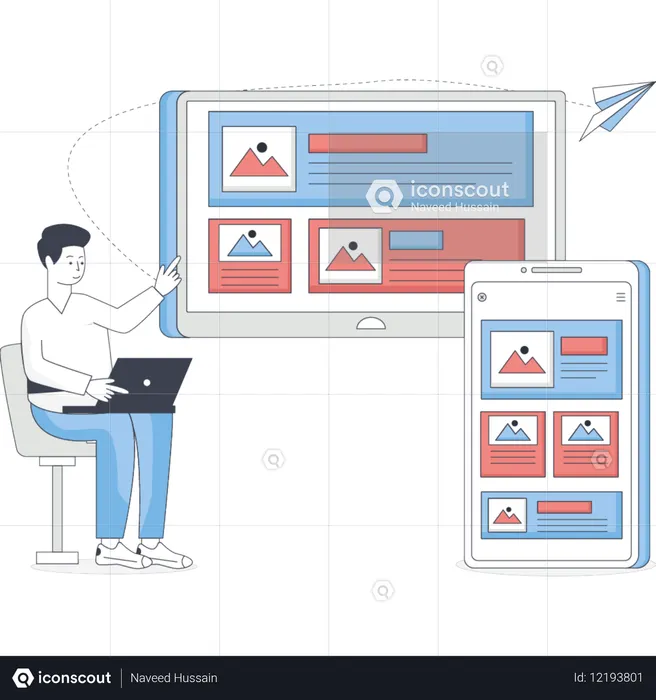 Man  showing responsive web design  Illustration