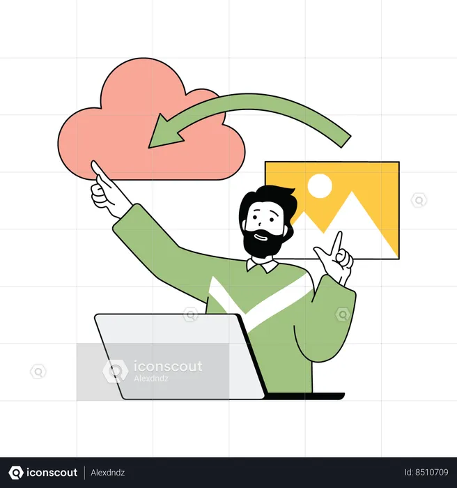 Man showing saving files to the cloud  Illustration