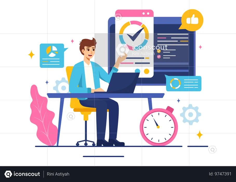 Man showing software testing analysis  Illustration