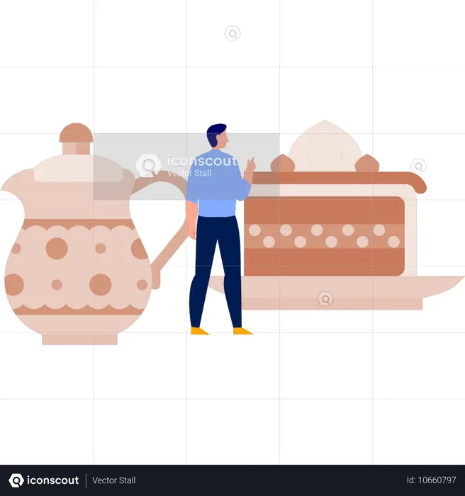 ティーキトルを見せる男性  イラスト