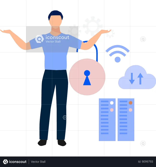 Man showing uploading cloud data  Illustration