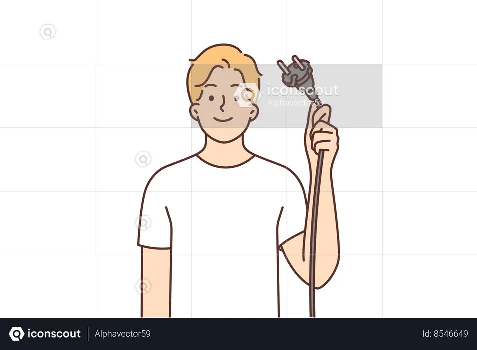 Man shows wire with plug from electrical equipment, offering to turn off appliances for save energy  Illustration