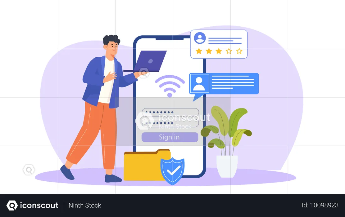 Man signing into mobile device using login credentials  Illustration