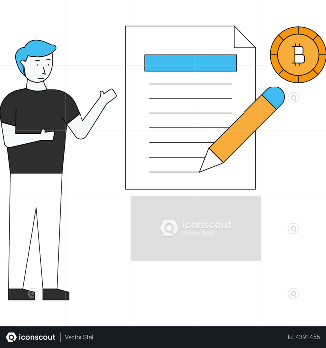 Man signs Bitcoin document Illustration