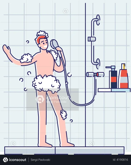 Man sing in shower white bathing in bathroom  Illustration