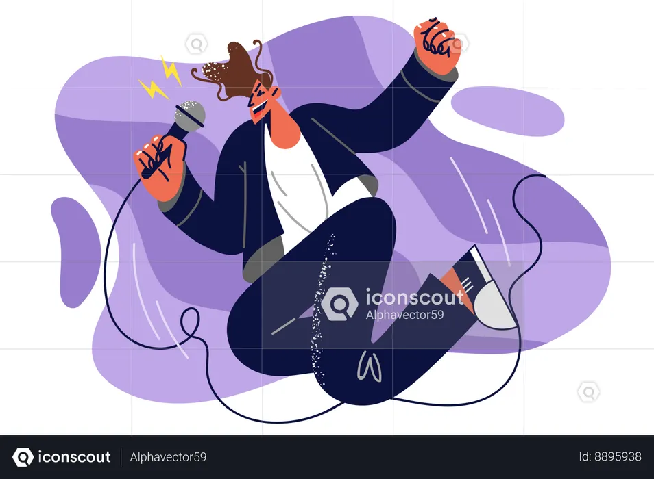 Man singer with microphone in hands jumps up speaking to audience on stage and enjoys singing  Illustration