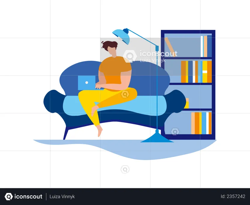 Man Sit Couch with laptop and book shelf at background  Illustration