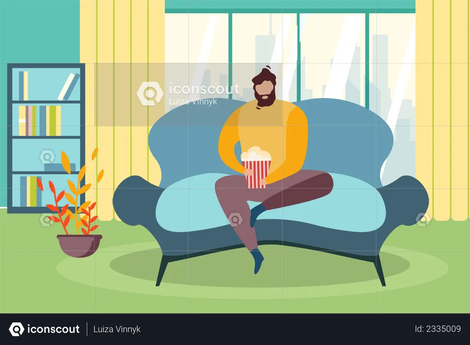 Man Sit on Couch with Popcorn Bucket and Watching TV  Illustration