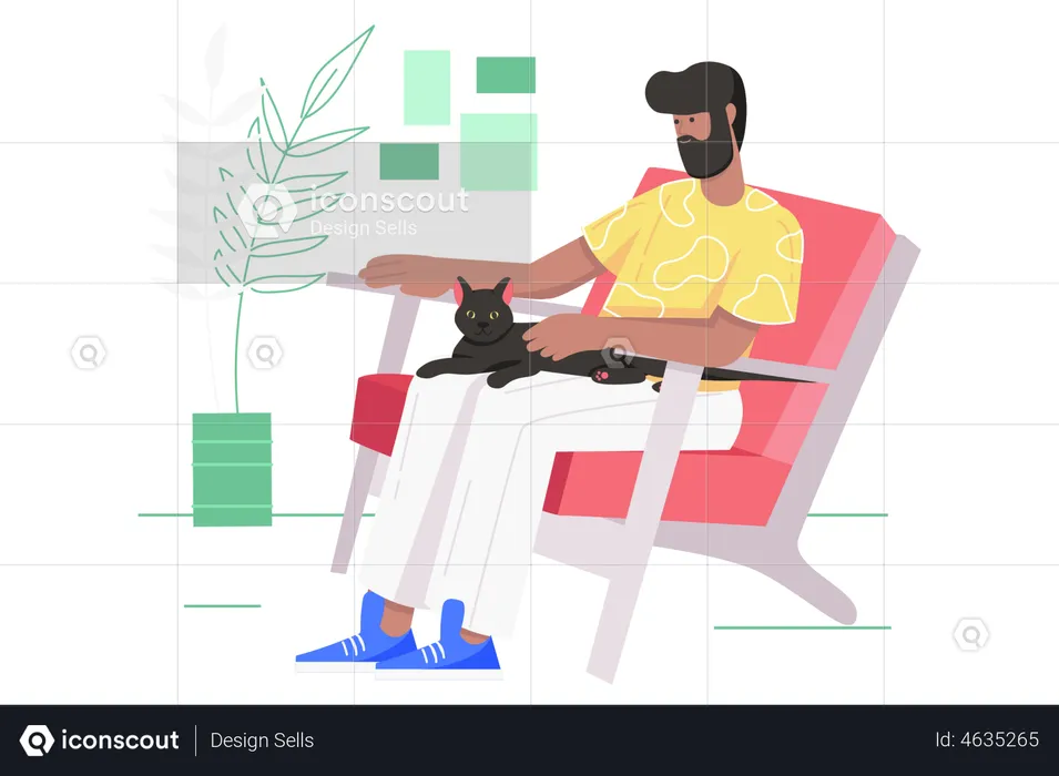 Man sits in chair and hugs his cat  Illustration