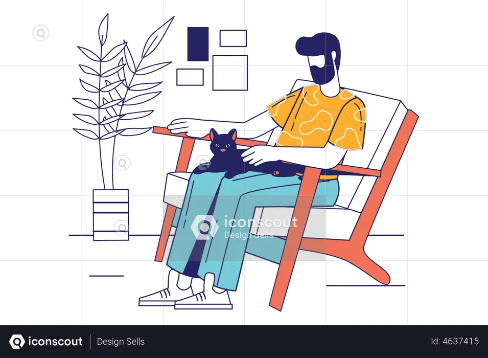 Man sits in chair and hugs his cat  Illustration