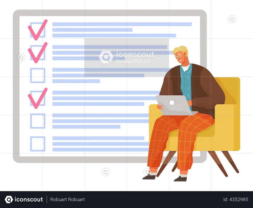 Man sits with laptop near clipboard  Illustration