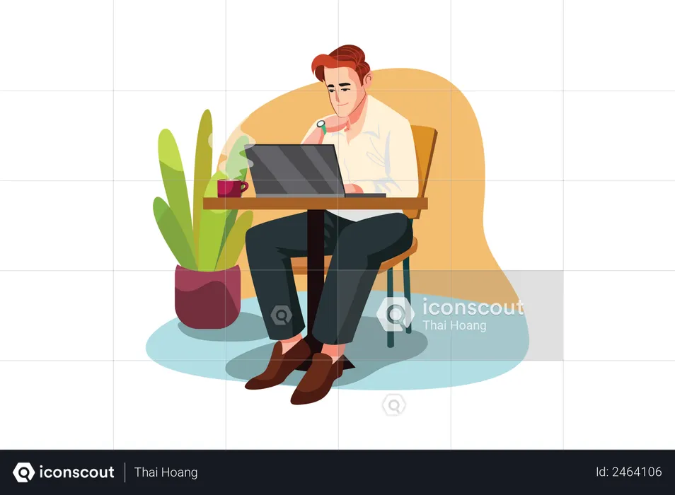 Man sitting at cafe working on a laptop  Illustration