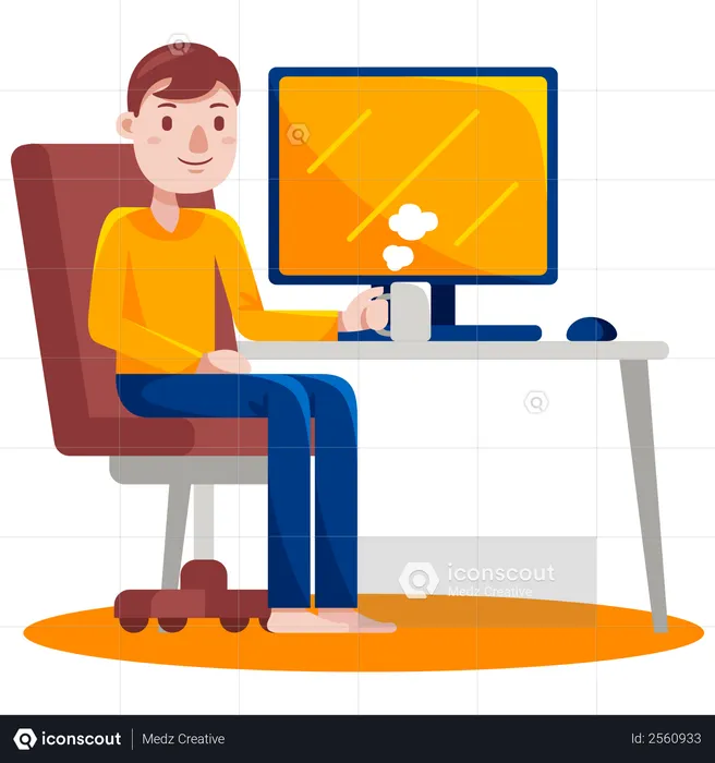 Man sitting at desk holding coffee cup  Illustration
