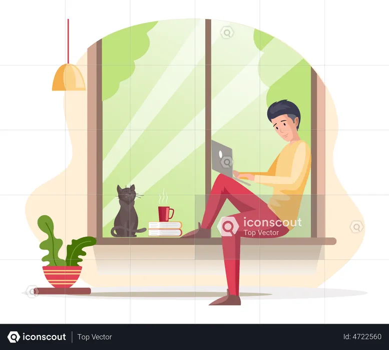 Man sitting at window working on laptop  Illustration