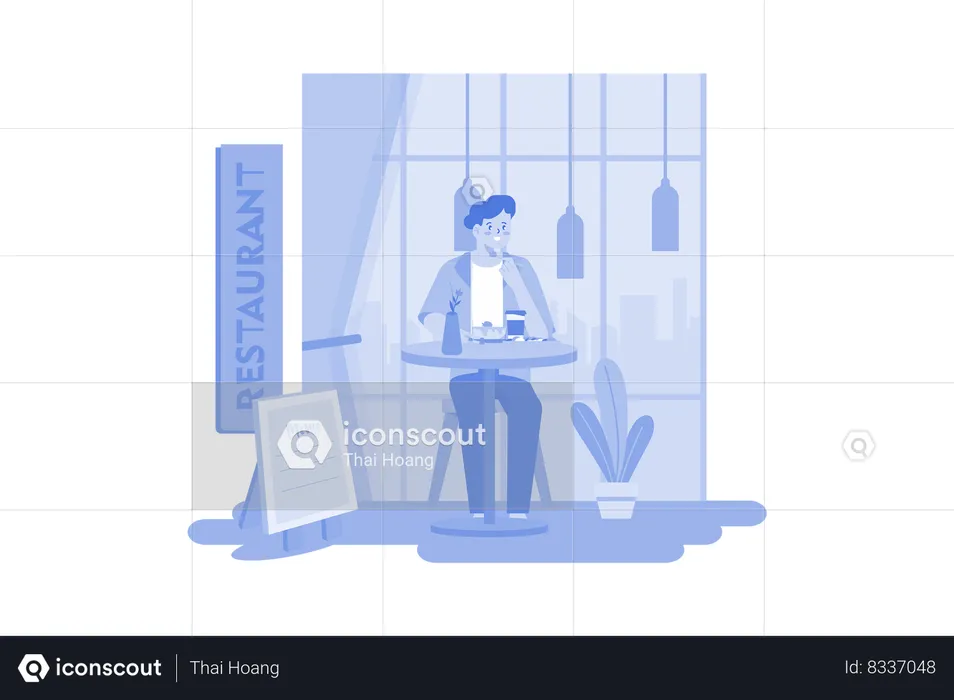 Man Sitting In A Restaurant And Eating Food  Illustration