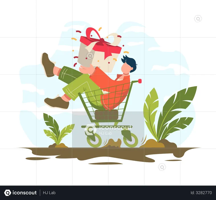 Man sitting in a shopping trolley and carrying gifts  Illustration