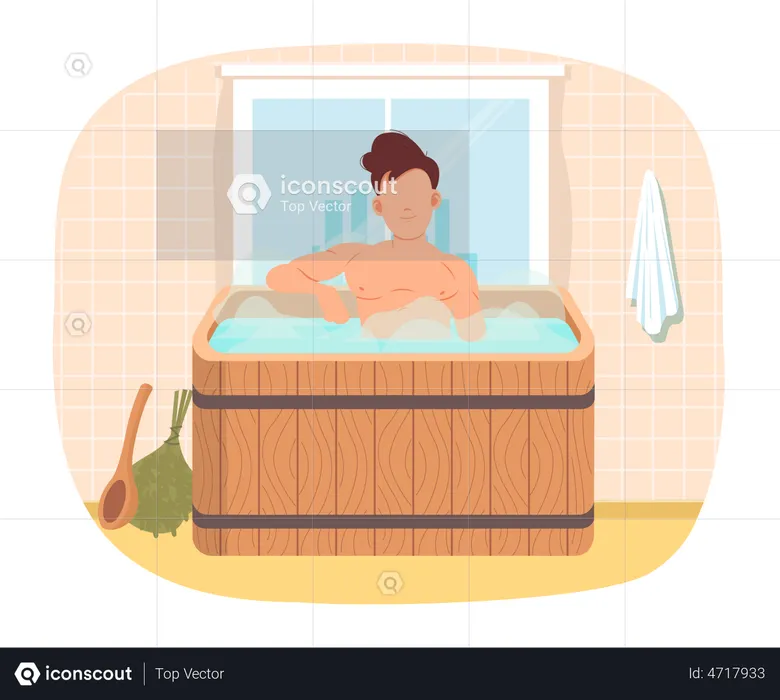 Man sitting in font with hot water. Guy taking bath and having rest in wooden barrel at free time  Illustration